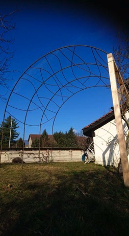 Structure de pergola en fer à béton pour accueillir 2 kiwis. Magnifique couverture végétale qui offre une ombre fraiche Structure de pergola en fer à béton pour accueillir 2 kiwis. Magnifique couverture végétale qui offre une ombre fraiche